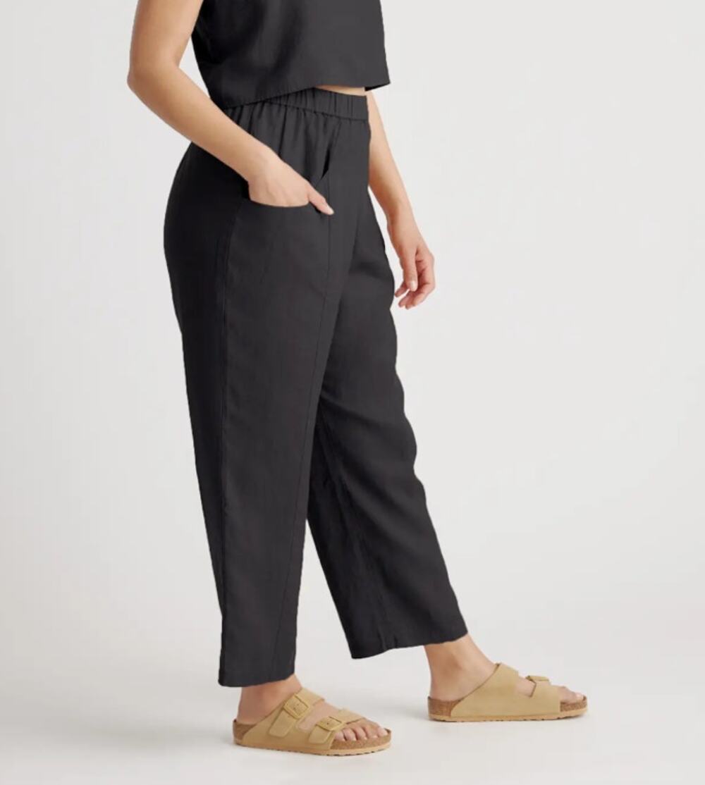 Quince 100% European Linen Tapered Ankle Pants Black Small coastal pull-on